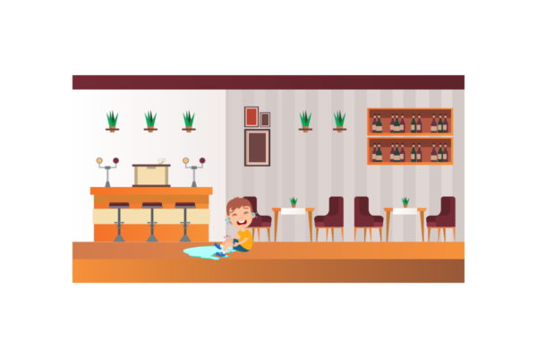 飲食店で床が濡れており、お客様が転倒する事故のイラスト
