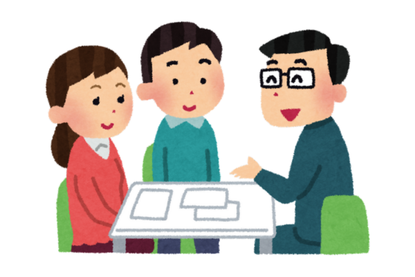 保険のえんどうのスタッフがお客様に相続対策の生命保険についてコンサルティングしている相談風景のイラスト