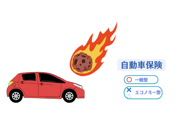 自動車保険の車両保険で隕石による損害が補償されるかを示す比較イラスト。一般型は補償され、エコノミー型は対象外となっている。